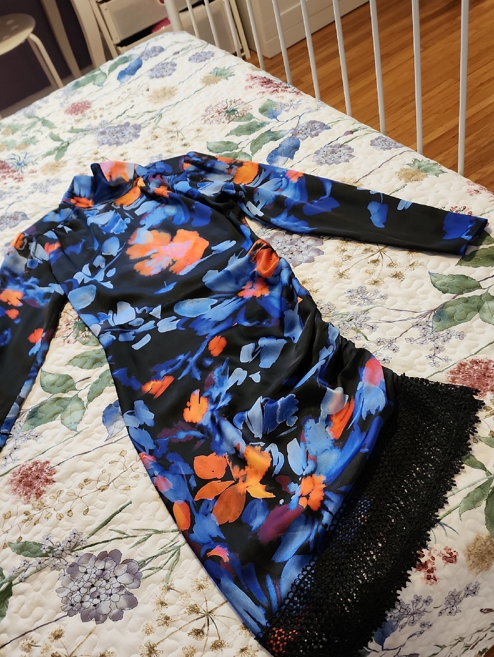 Marciano Black Long-Sleeve Shift Dress with Blue and Orange Floral Print